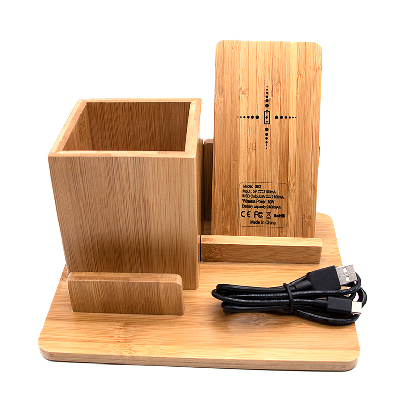 bamboo wood qi wireless charger wood power bank with Pen container